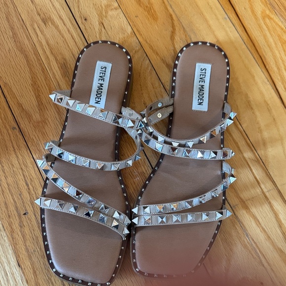 Steve Madden Shoes - Steve Madden Tan/ Nude Slide Sandals with Silver Pyramid Studs